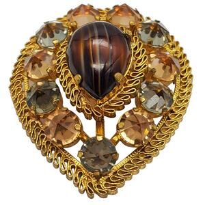 Faux Agate Brooch Gold Tone Filigree Crystal Pin Austria MCM Teardrop Crystals